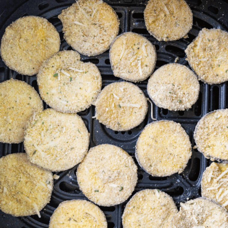 Air fry the eggplant chips until they are crispy and delish.