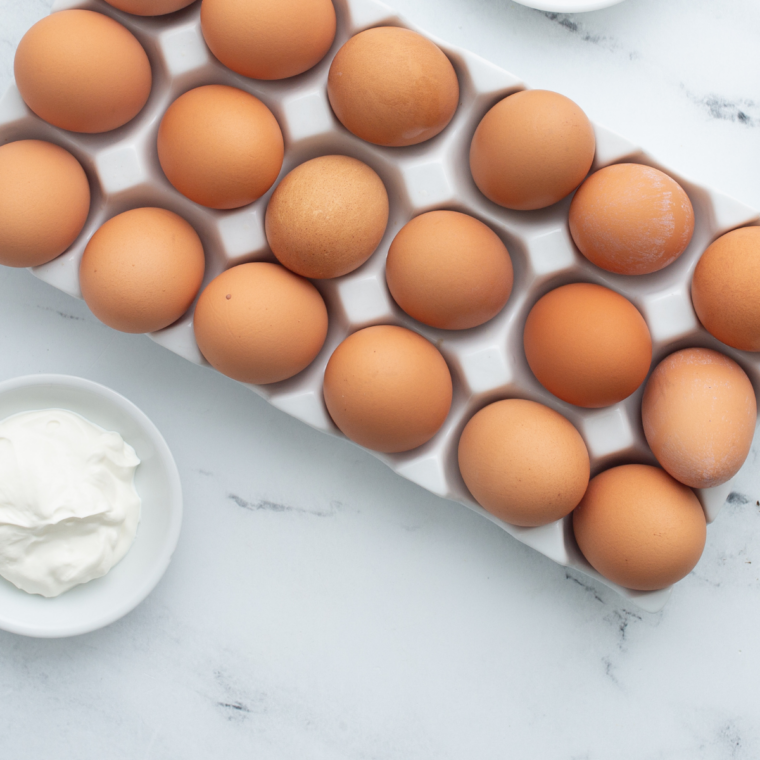 Ingredients needed for Gluten Free Deviled Eggs (Easy Naturally Gluten Free Recipe) on kitchen table.
