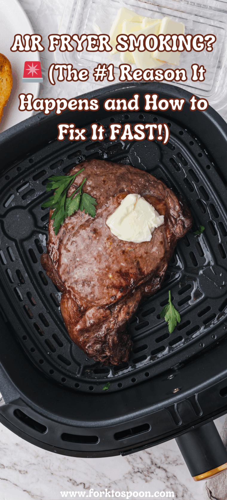 Air fryer releasing smoke from the basket during cooking on a kitchen counter.