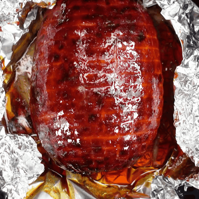 Cooked Easy Amish Ham Recipe in the baking pan.