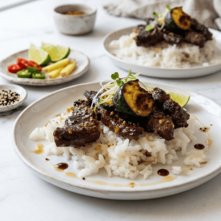 Air fryer bulgogi beef with sliced zucchini in a bowl topped with sesame seeds