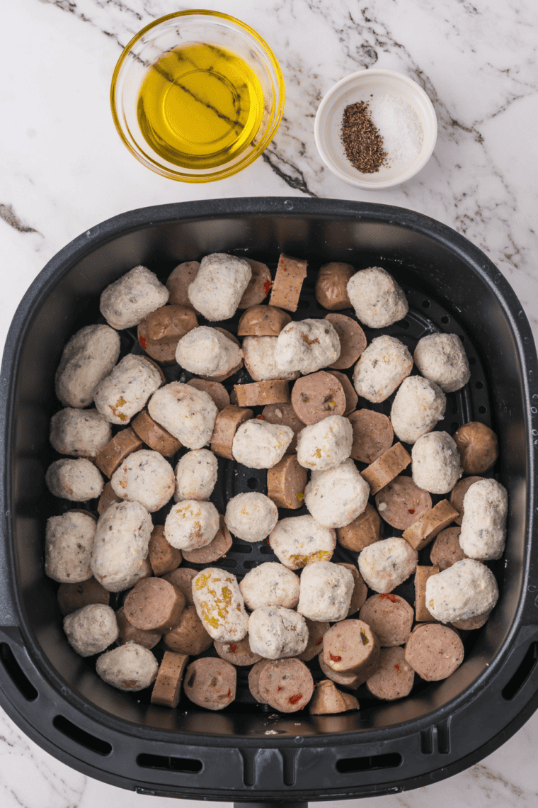 Frozen gnocchi placed in air fryer basket without preheating for extra crispy edges