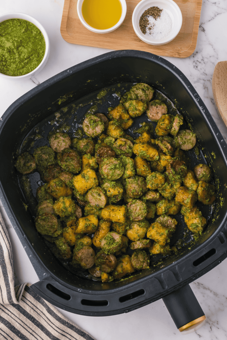 Crispy air fryer sweet potato gnocchi served golden brown in basket