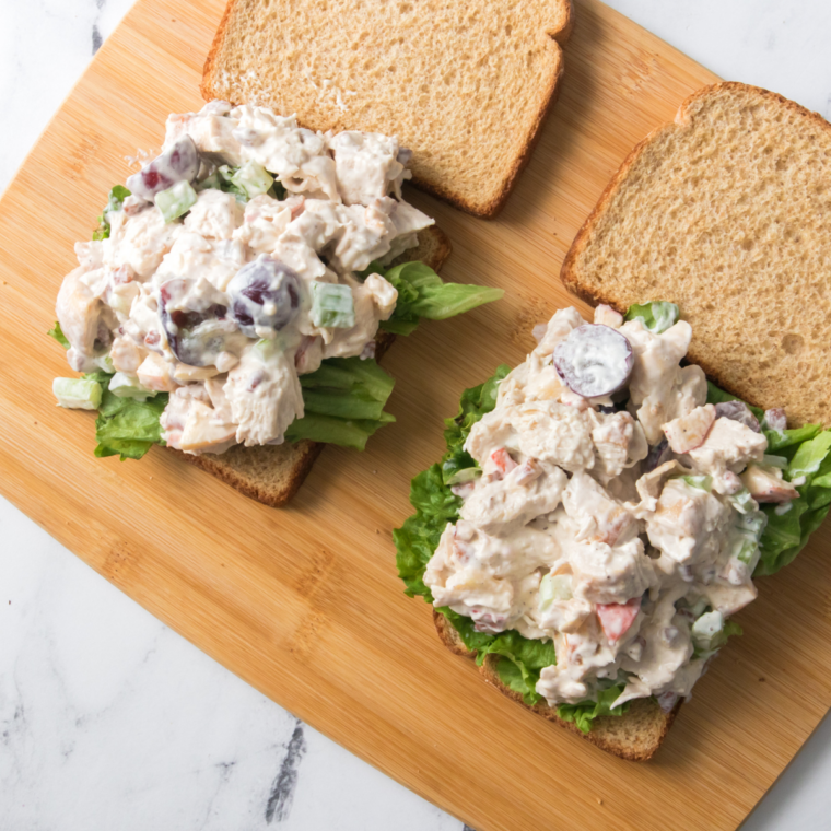 Cranberry pecan chicken salad variation with diced apples and halved red grapes
