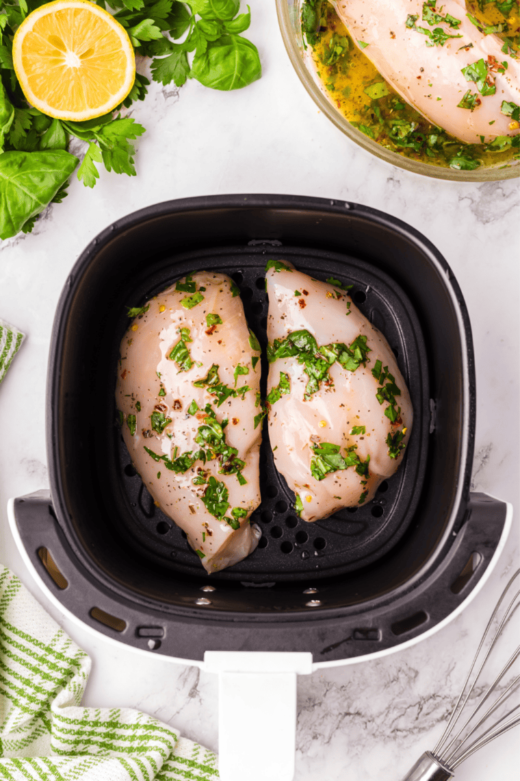 Seasoned chicken breasts in a single layer in an air fryer basket