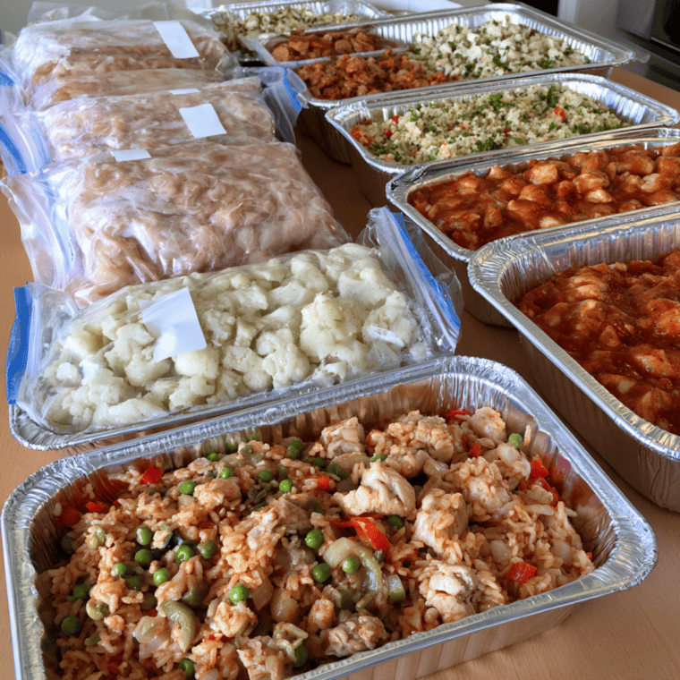 Freezer meals for dinner labeled in freezer bags and foil pans