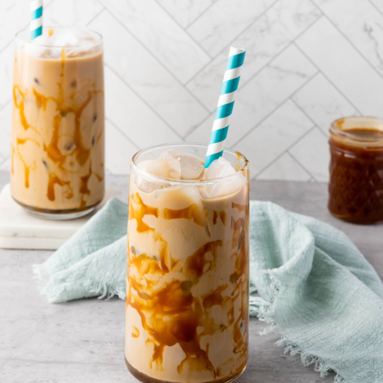French vanilla iced coffee with a light creamy color in a mason jar