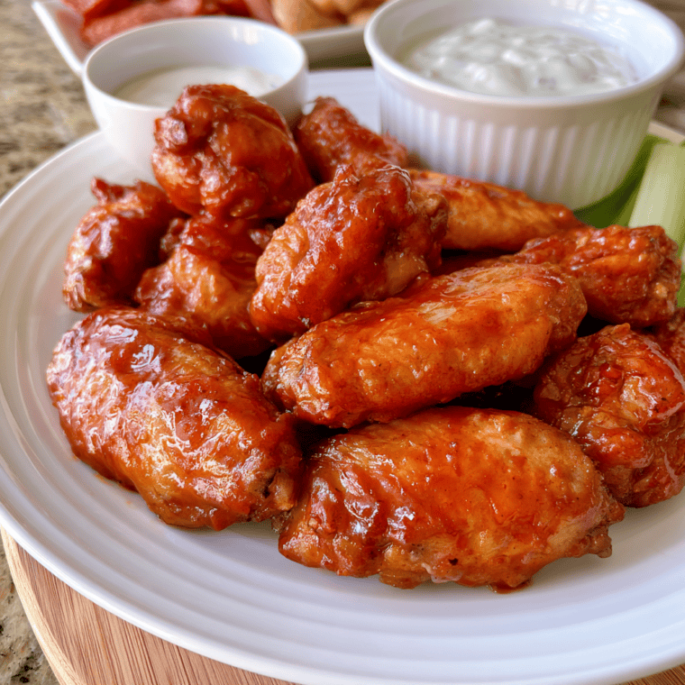 Air fryer Domino's copycat hot buffalo wings coated in sauce on a platter