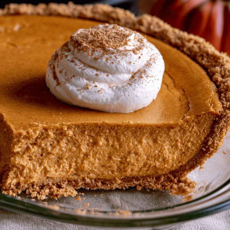 Air fryer pumpkin pie with graham cracker crust and a dollop of whipped cream