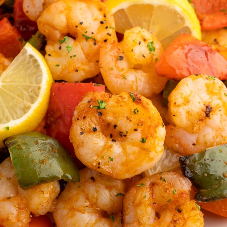 Sesame-ginger shrimp marinade on stir-fried shrimp with crisp vegetables and toasted sesame seeds