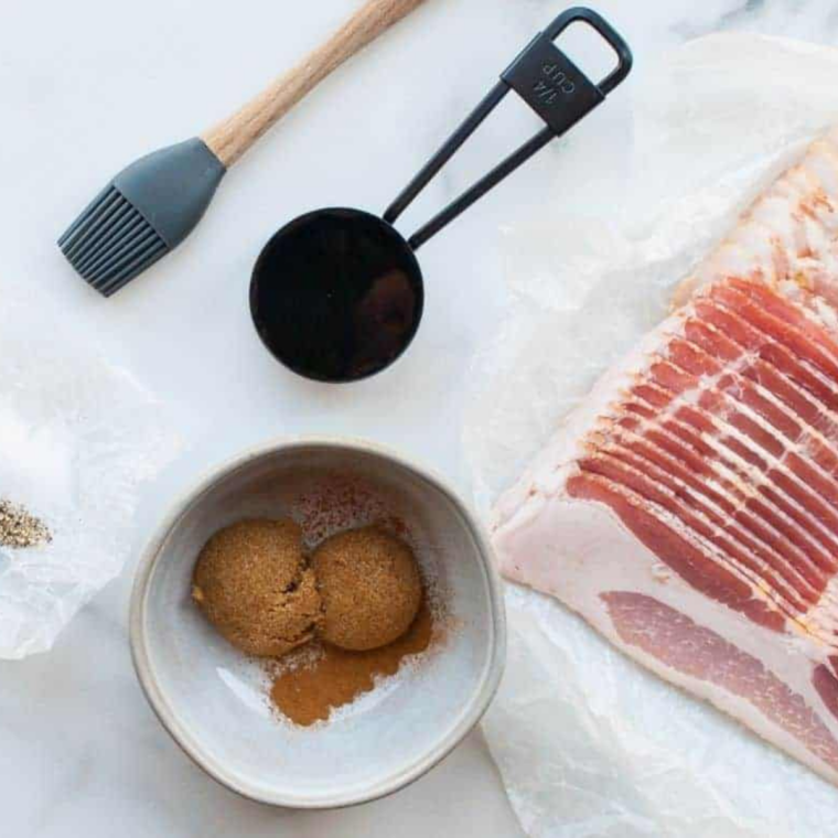 Ingredients for Bob Evans candied bacon recipe: thick-cut hardwood-smoked bacon and packed brown sugar