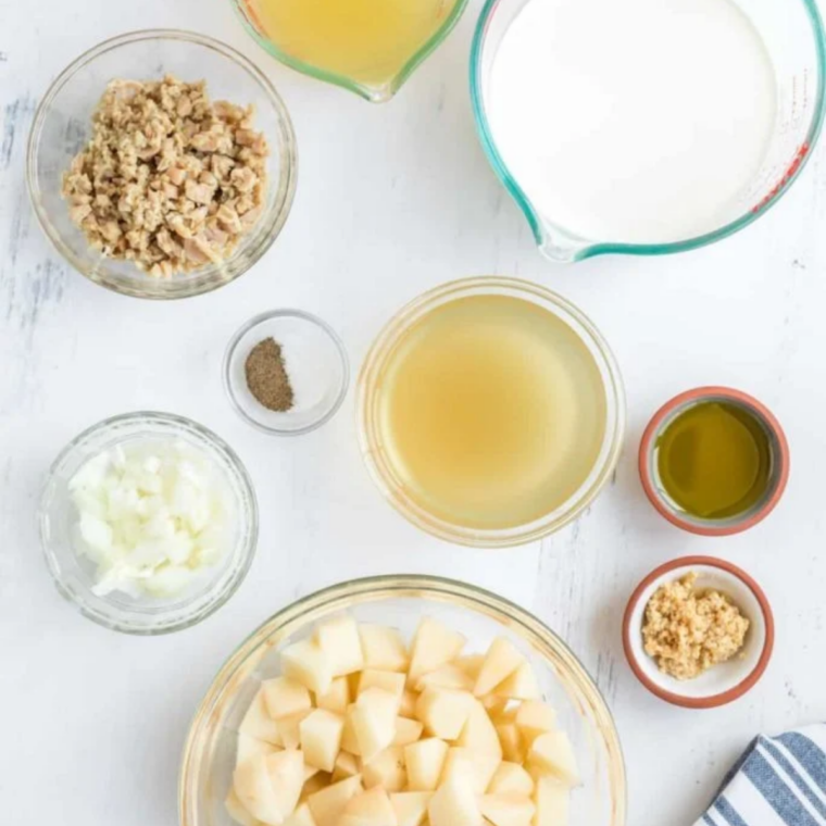 Ingredients for Culver’s clam chowder: canned clams, clam juice, potatoes, bacon, celery, onion, milk, and cream