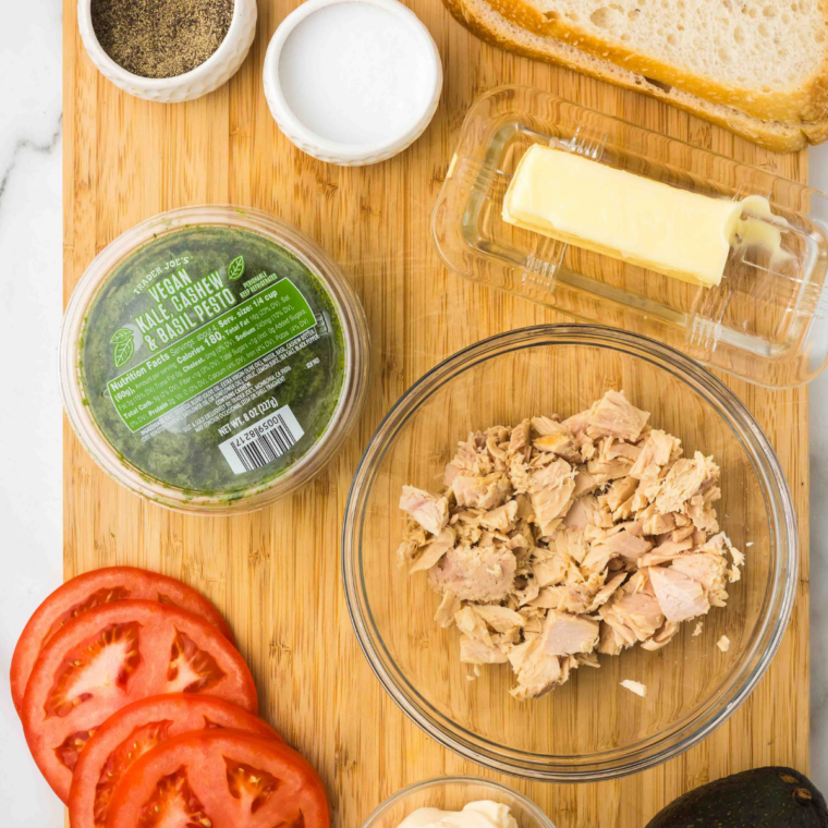 Ingredients for copycat Jimmy John's tuna arranged on a kitchen counter