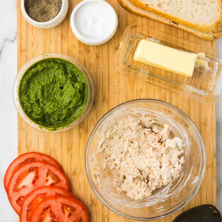 Covered bowl of tuna salad chilling in the refrigerator
