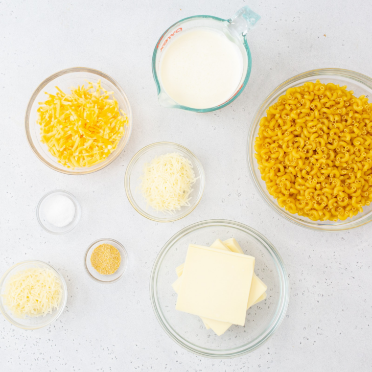 Ingredients for Culver’s mac and cheese: elbow macaroni, cheddar, American cheese, milk, butter, and flour