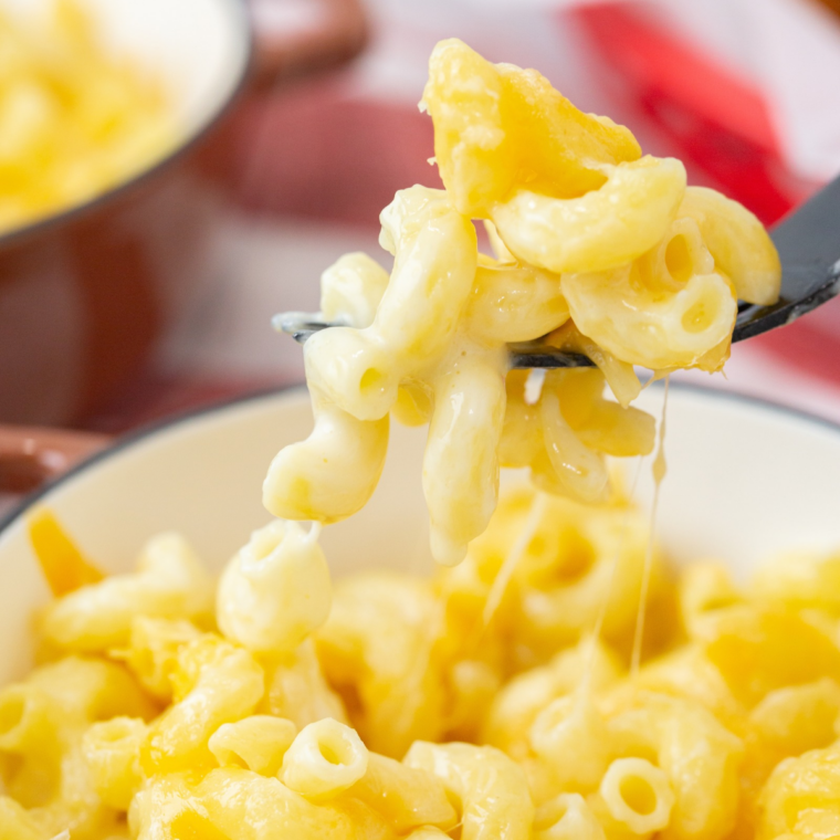 Creamy copycat Culver’s mac and cheese in a white bowl