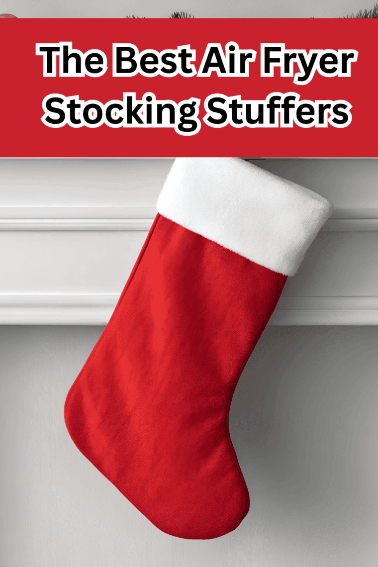 A collection of small, colorful air fryer accessories and gadgets, such as silicone liners, tongs, and mini baking pans, spilling out of a Christmas stocking.