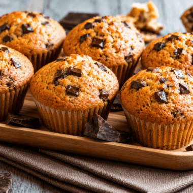 Air fryer chocolate chip muffins cooling on a wire rack with melty chocolate chips on top