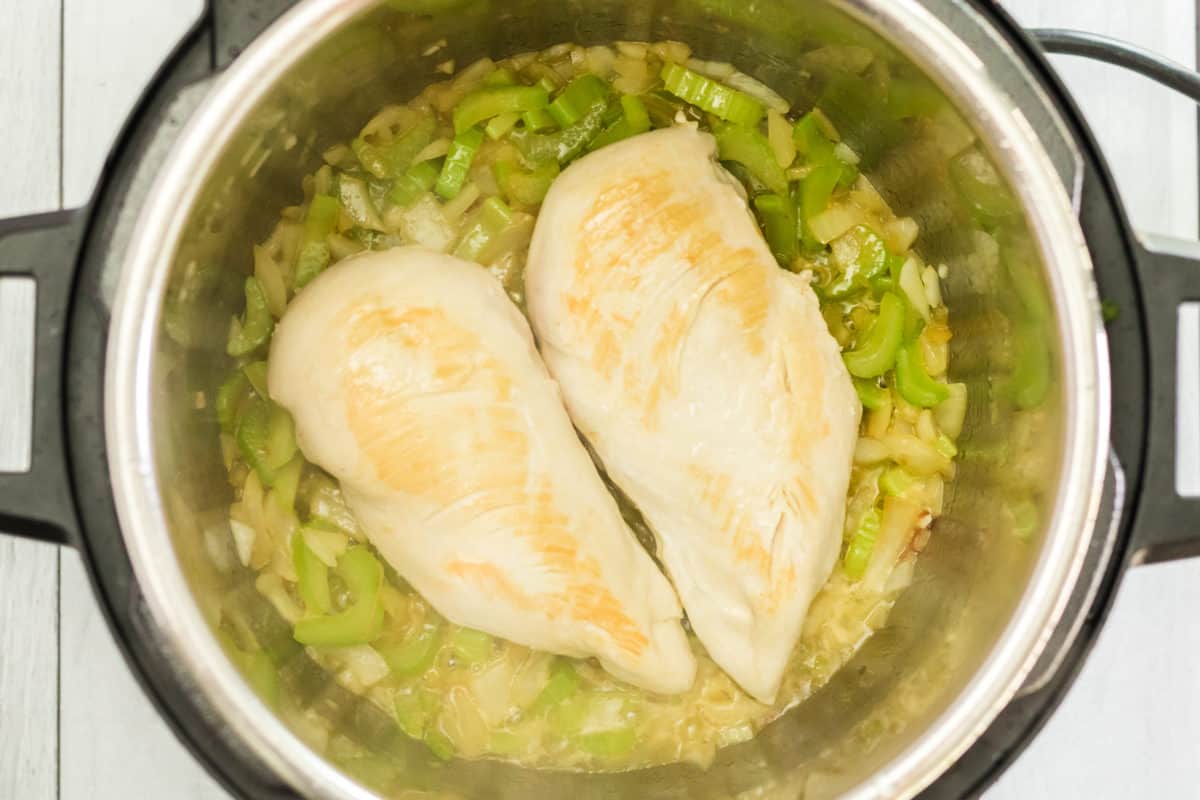 Chicken, Onions and Celery in Instant Pot Bowl Olive Garden Chicken and Gnocchi Soup
