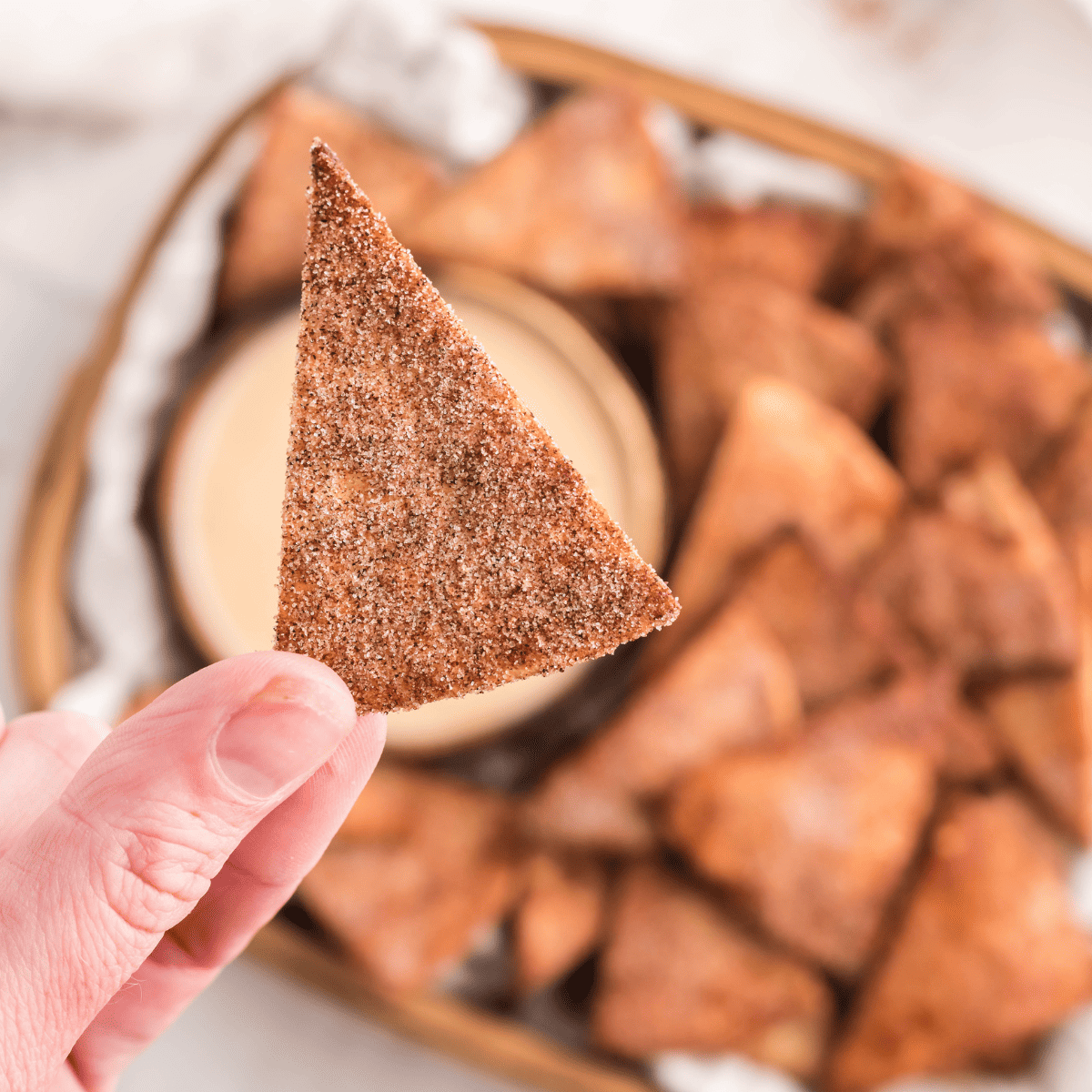 "A plate of golden, crispy air fryer cinnamon tortilla chips sprinkled with cinnamon sugar."