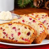 Sliced air fryer cranberry bread with orange glaze drizzled over the top
