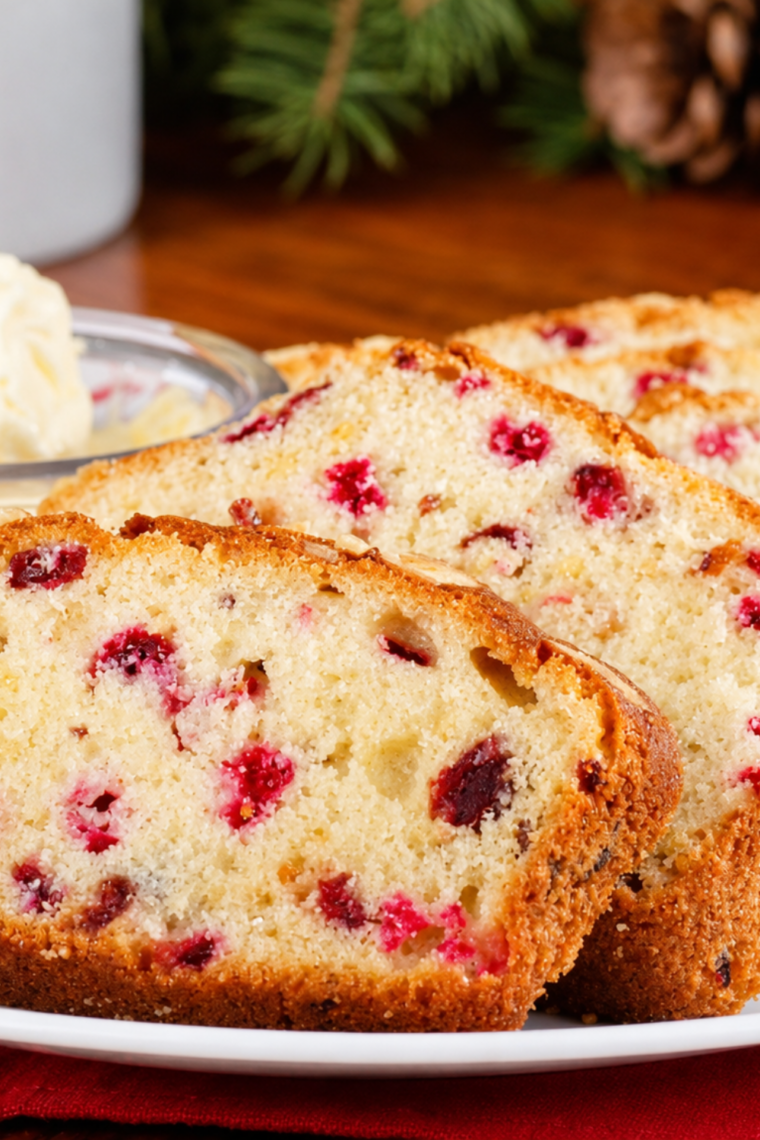 Sliced air fryer cranberry bread with orange glaze drizzled over the top