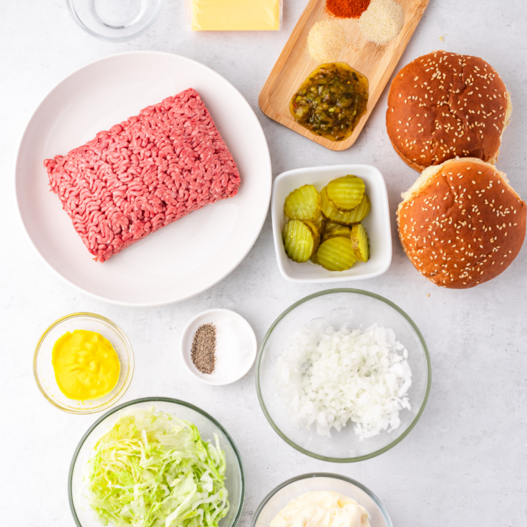 Ingredients needed for Big Mac Recipe on kitchen table.