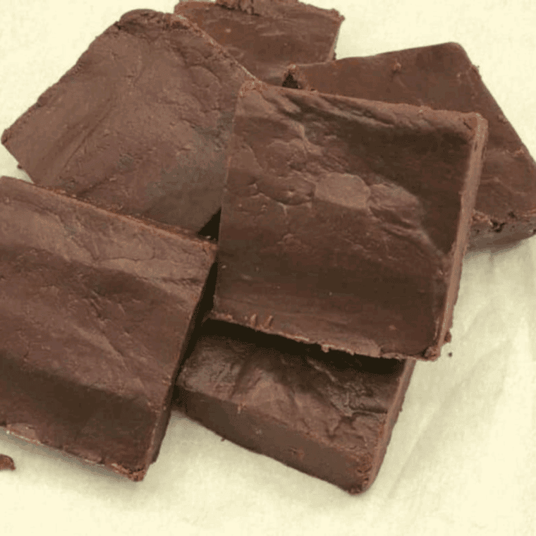 Plate of Buckees Fudge on kitchen table.