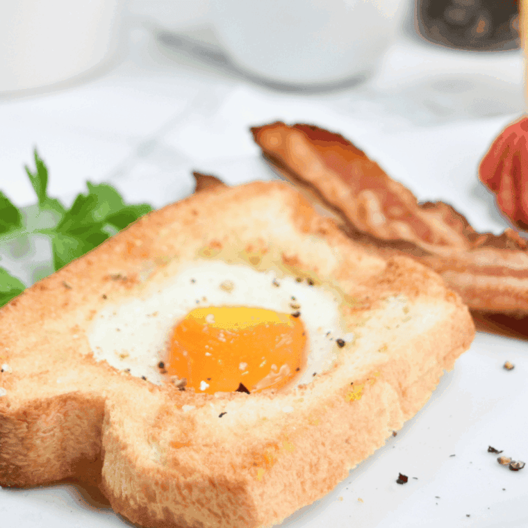 Air Fryer Egg in a Hole with golden toasted bread and a perfectly cooked egg in the center.