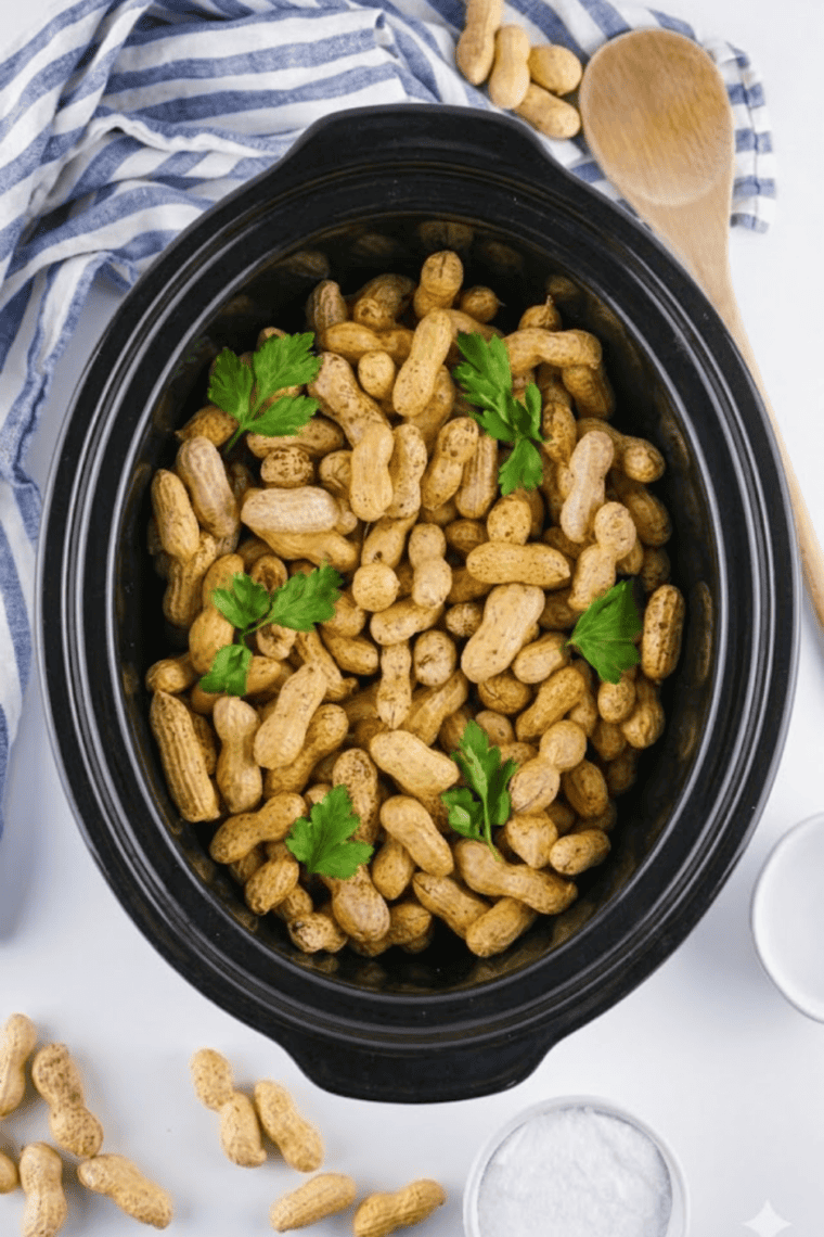 Serve Warm: Bowl of warm Cajun boiled peanuts with cooking liquid.