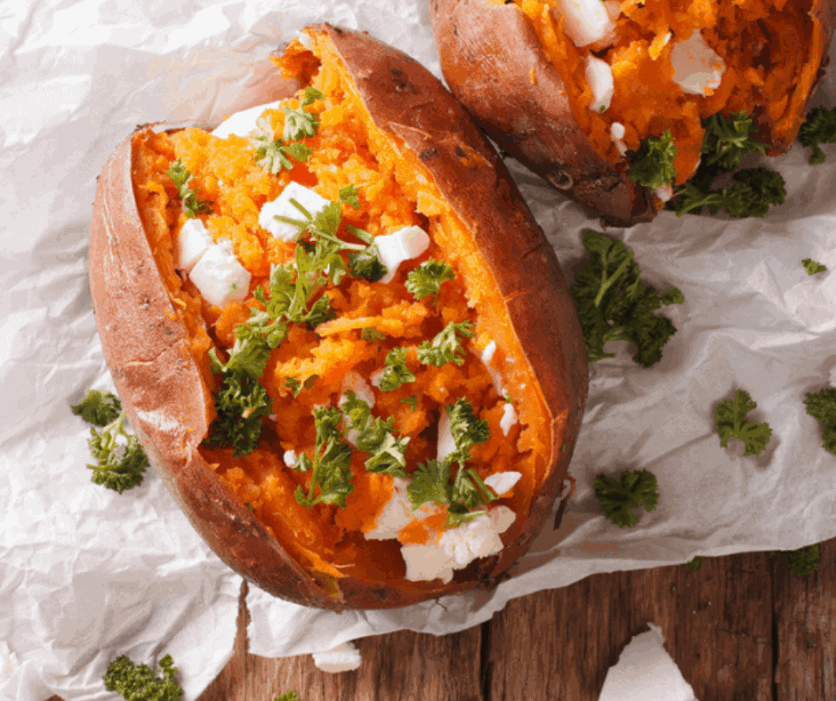 Cooked sweet potato on top of parchment paper. 