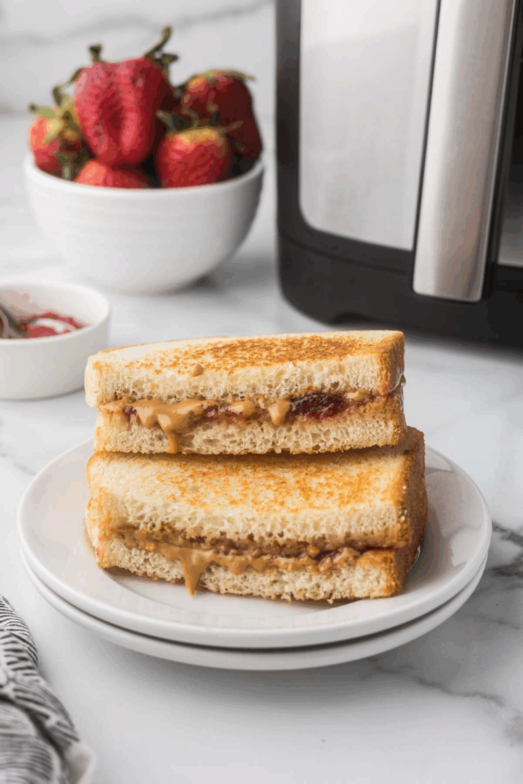 Plate of cooked air fryer peanut butter and jelly sandwich with air frying in back.