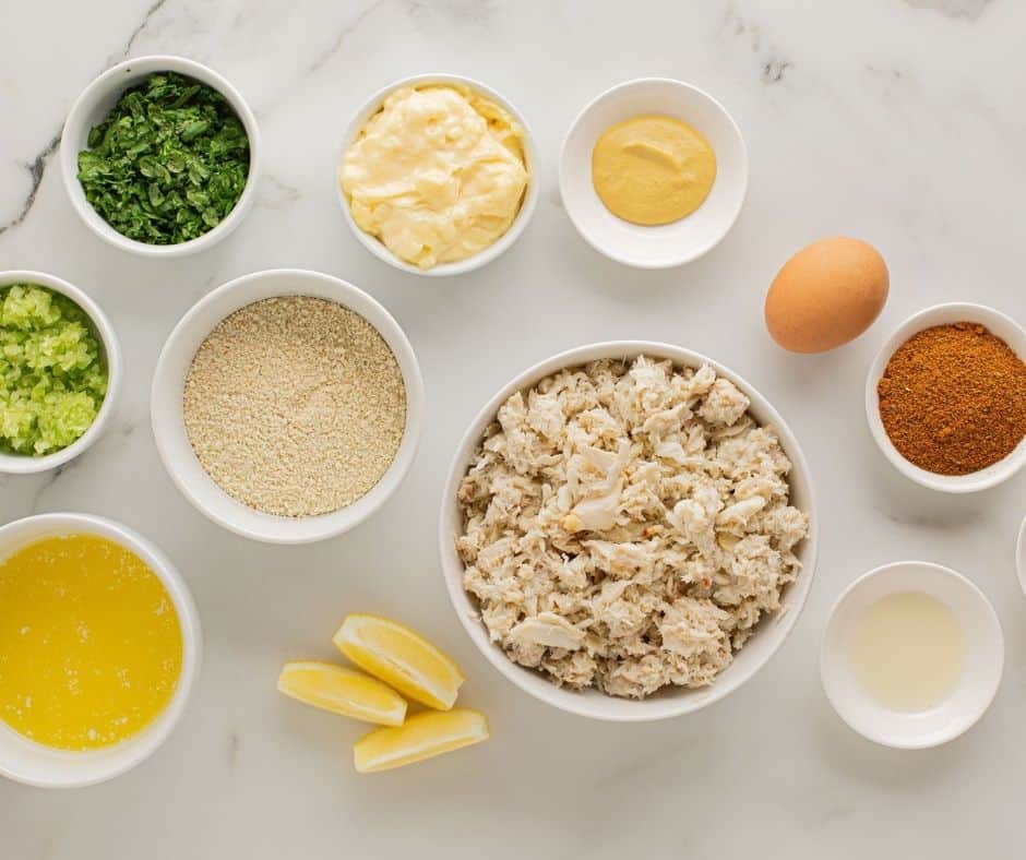 Ingredients Needed For Air Fryer Crab Cakes on table.