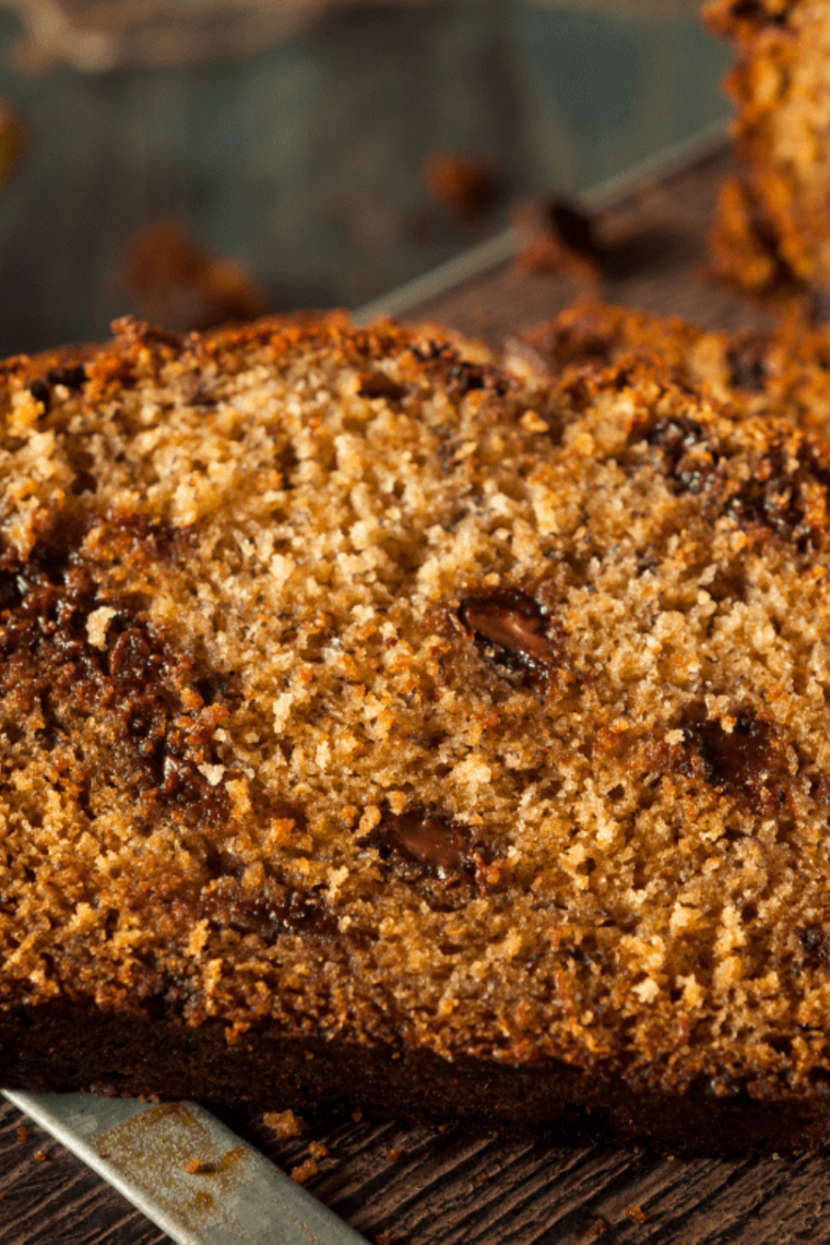 Slice of chocolate chip banana bread baked in the air fryer