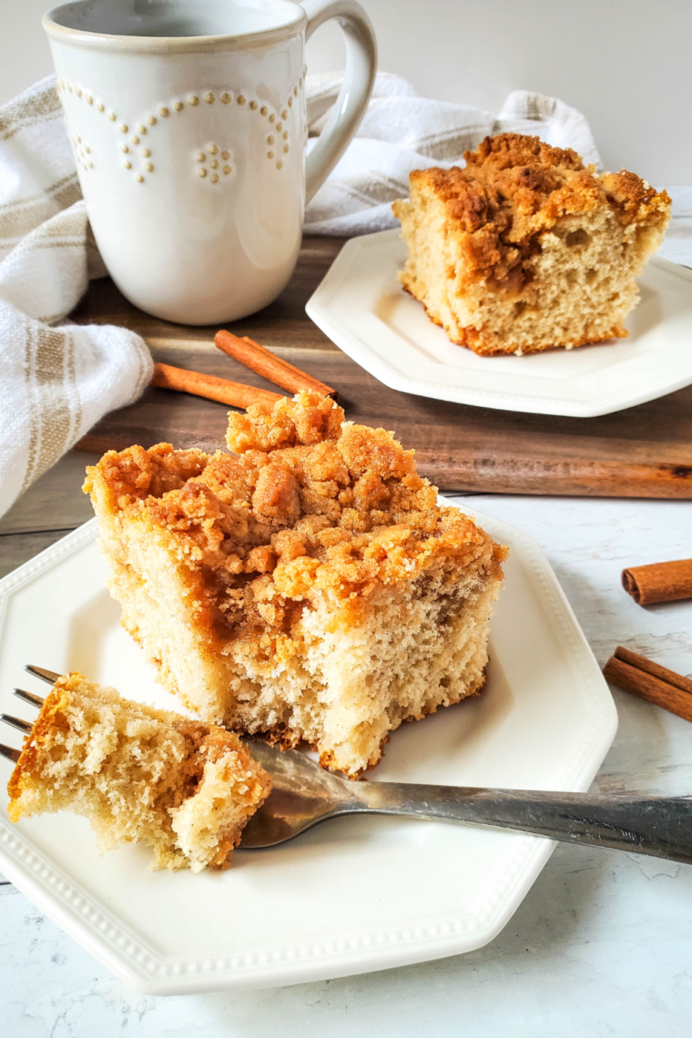 Freshly baked Air Fryer Coffee Cake with a golden brown, crumbly topping served on a plate.