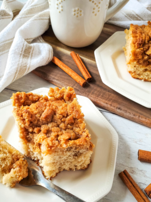 Freshly baked Air Fryer Homemade Coffee Cake with a golden crumb topping.