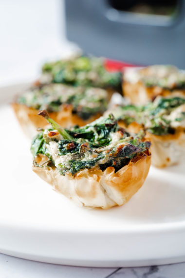 ere are some delicious recipe variations for Air Fryer Spanakopita Phyllo Cups: Mushroom and Feta: Add sautéed mushrooms to the spinach and ricotta filling mixture for an earthy flavor boost. Mix in crumbled feta cheese for a tangy and savory addition that pairs perfectly with the mushrooms. Sun-Dried Tomato and Olive: Incorporate chopped sun-dried tomatoes and sliced Kalamata olives into the filling mixture for a Mediterranean twist. The sweet-tartness of the tomatoes and brininess of the olives add depth of flavor to the Spanakopita Phyllo Cups. Spinach and Artichoke: Combine chopped artichoke hearts with the spinach and ricotta filling for a creamy and indulgent variation. The artichokes add a subtle sweetness and a hint of tanginess that complements the other ingredients beautifully. Greek-Inspired Seasonings: Enhance the flavor of the filling by adding Greek-inspired seasonings such as dried oregano, basil, and a pinch of nutmeg. These aromatic spices elevate the taste of the Spanakopita Phyllo Cups with their vibrant and herbaceous notes. Spicy Spinach and Feta: For a kick of heat, mix finely chopped jalapeños or crushed red pepper flakes into the filling mixture. The spicy kick adds an exciting twist to the traditional Spanakopita Phyllo Cups, perfect for those who enjoy a bit of heat in their appetizers. Feel free to experiment with these recipe variations to create your perfect Air Fryer Spanakopita Phyllo Cups, customizing the ingredients to suit your taste preferences and dietary needs!