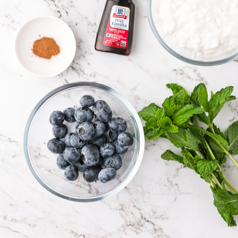 Ingredients needed for Instant Pot Blueberry Jam on kitchen table.