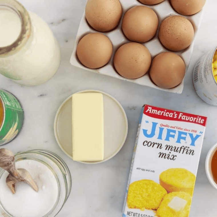 Ingredients needed for Air Fryer Corn Casserole on kitchen table.