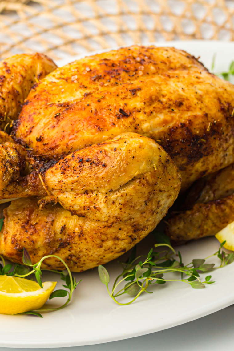 Close-up of carved air fryer chicken showing juicy interior