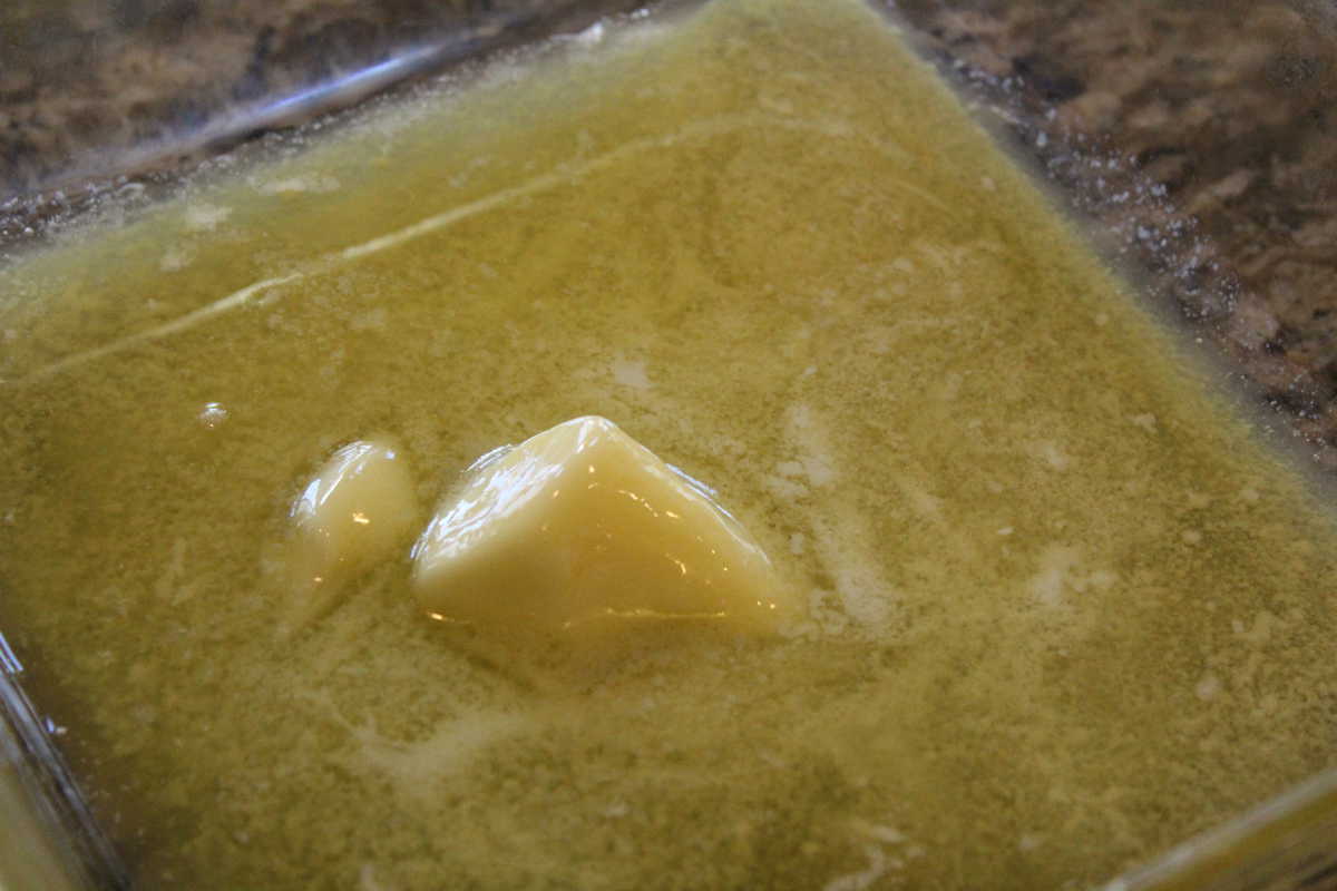Pour Butter into pan for cobbler.
