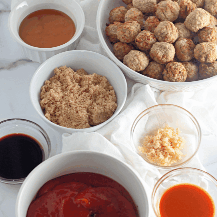 Ingredients needed for Instant Pot Honey Garlic BBQ Meatballs on kitchen table.