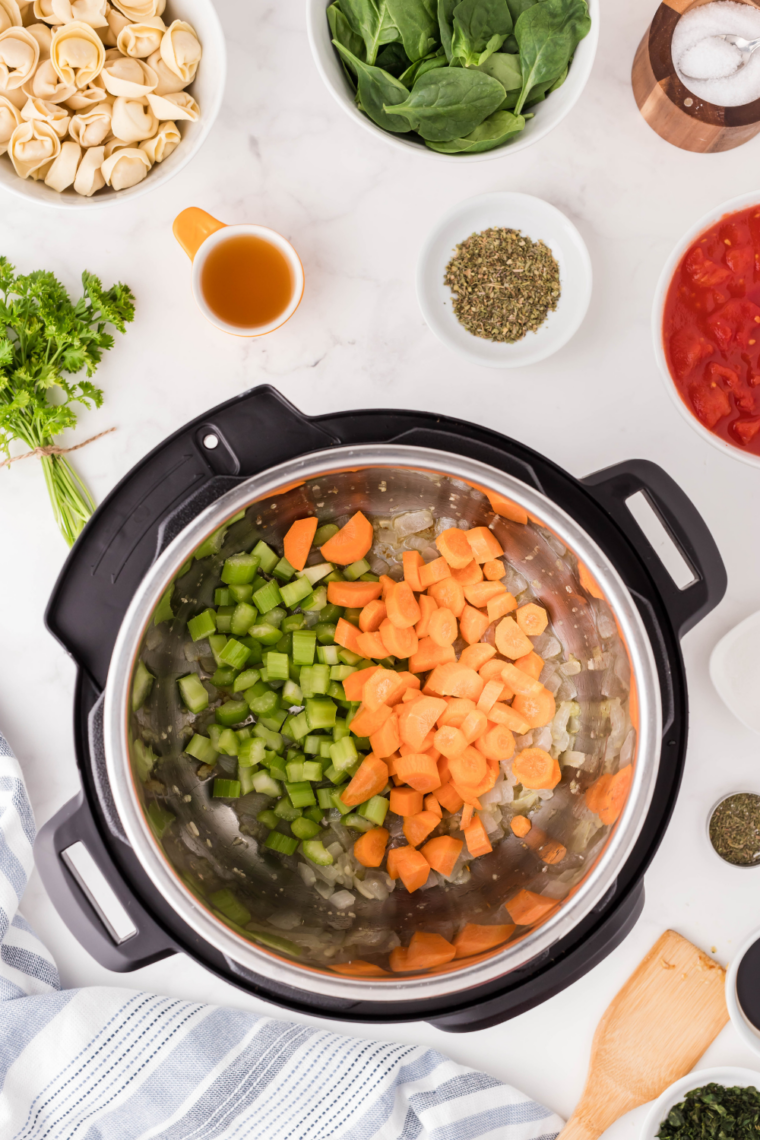 Instant Pot filled with chopped vegetables, beans, broth, and seasonings with Parmesan rind submerged
