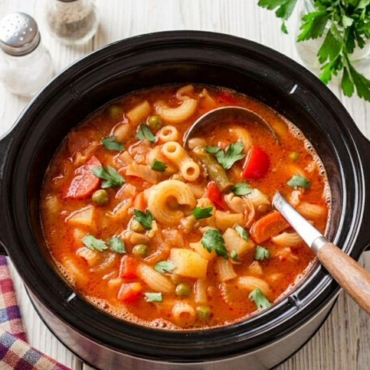 Copycat Olive Garden minestrone soup made in Instant Pot with vegetables, beans, and pasta