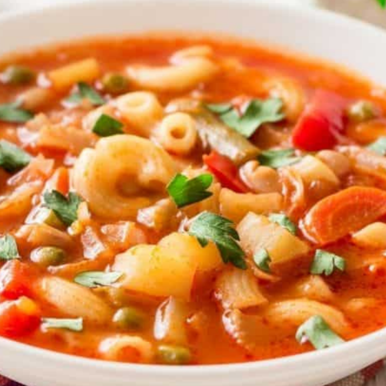 Copycat Olive Garden minestrone soup cooked in Instant Pot with vegetables, beans, and pasta