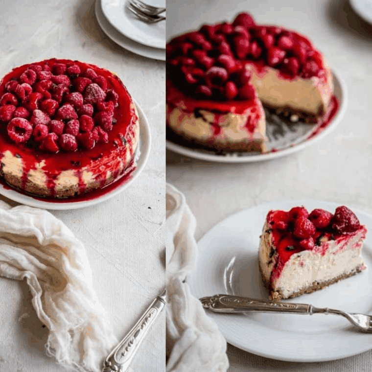 Slice of Lemon Raspberry Cream Cheesecake with vibrant raspberry swirls and lemon zest topping.
