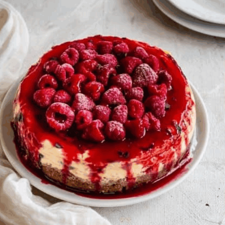 Slice of Cheesecake Factory Lemon Raspberry Cream Cheesecake topped with raspberry swirls and lemon zest.