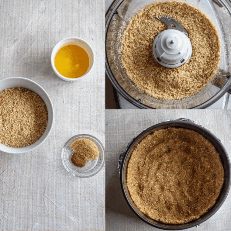 Mixing graham cracker crumbs and melted butter for cheesecake crust in a bowl.