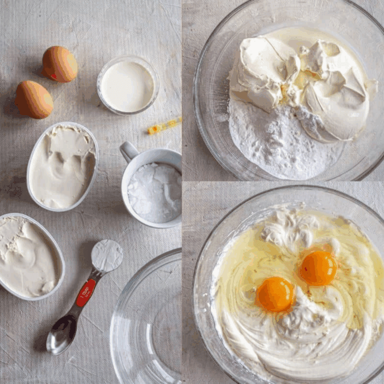 Beating cream cheese and sugar, then adding eggs and other ingredients to make cheesecake filling.