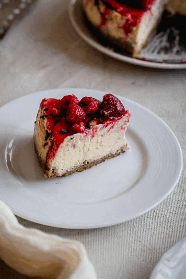 Slice of Cheesecake Factory Lemon Raspberry Cream Cheesecake with vibrant raspberry swirls and lemon zest topping.